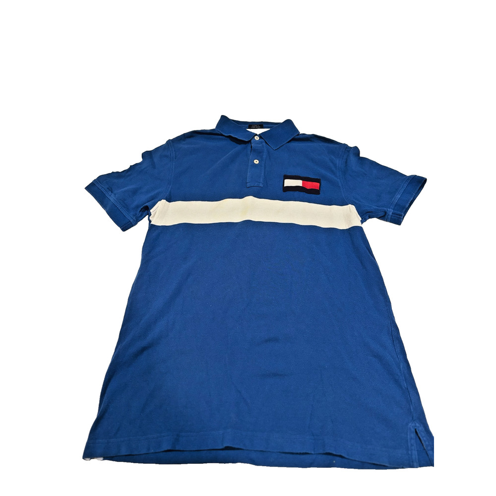 Vintage Tommy Hilfiger Polo Shirt Mens L Blue Big Flag Logo Striped 90s